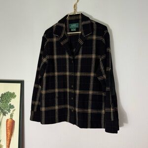 Lauren Ralph Lauren black plaid lambswool Equestrian shacket w/ suede size 12